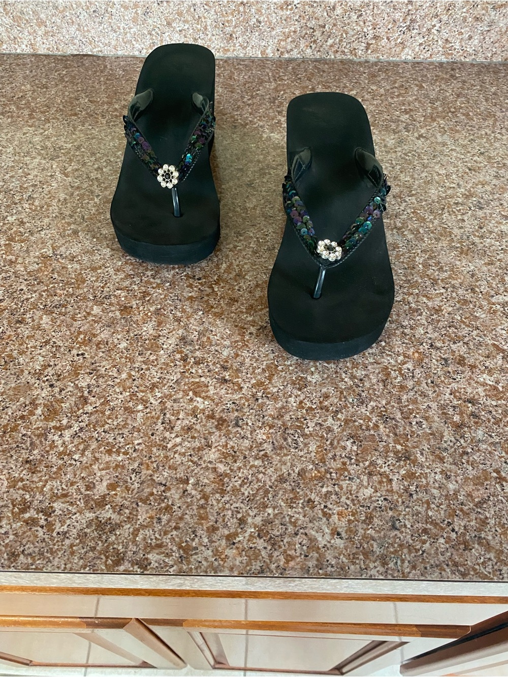 Women's Black Beaded Wedge Thong Sandals with Rhinestone Accent